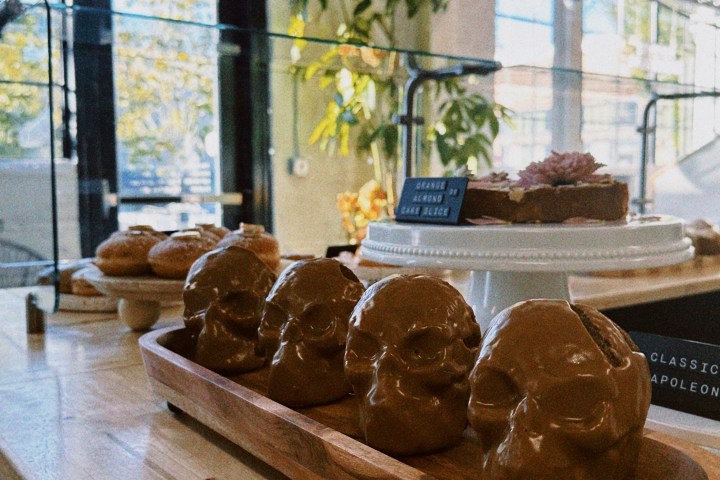 Chocolate skulls on wooden tray in a cafe with display case.
