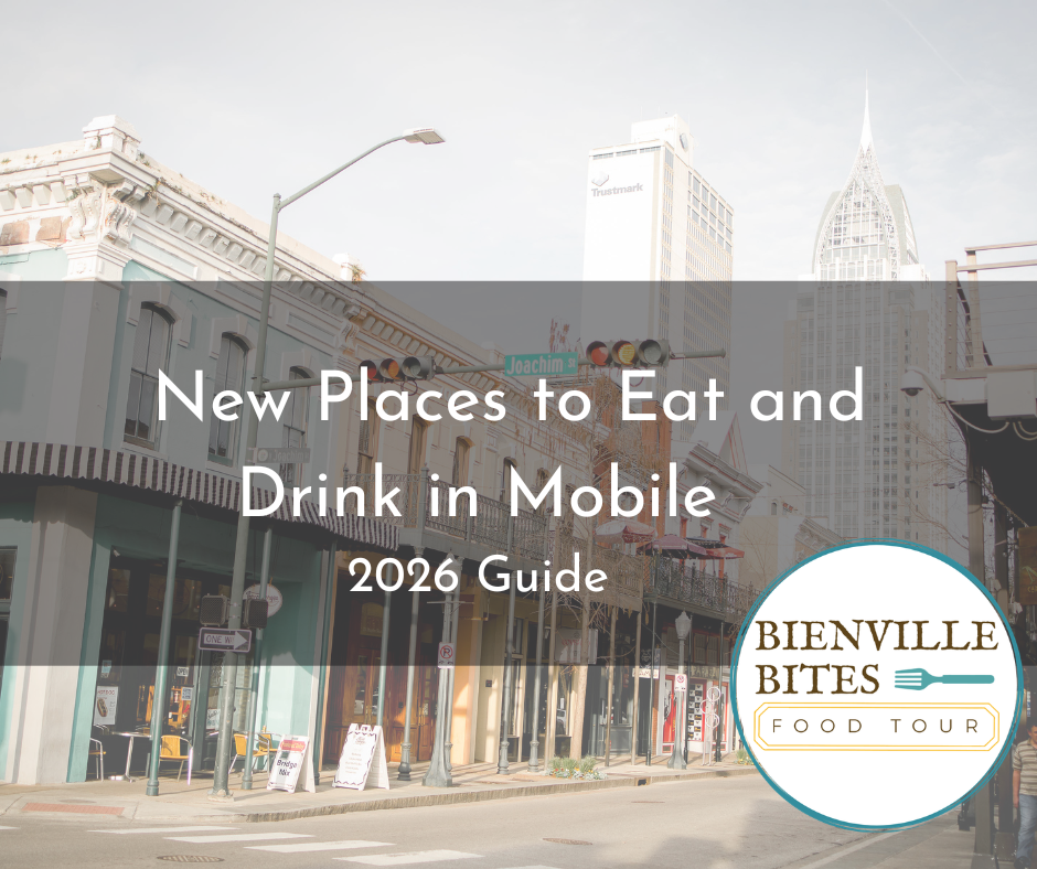 Street view of Mobile with Bienville Bites Food Tour 2026 Guide text overlay.